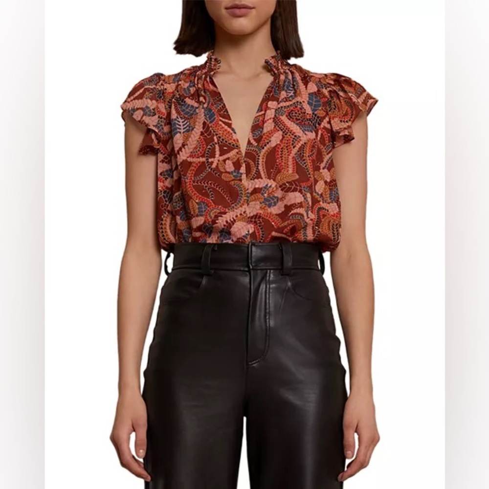 A.L.C. Hayley Printed Ginger Combo Red Orange Silk Flutter Sleeve Top NWT Size 8